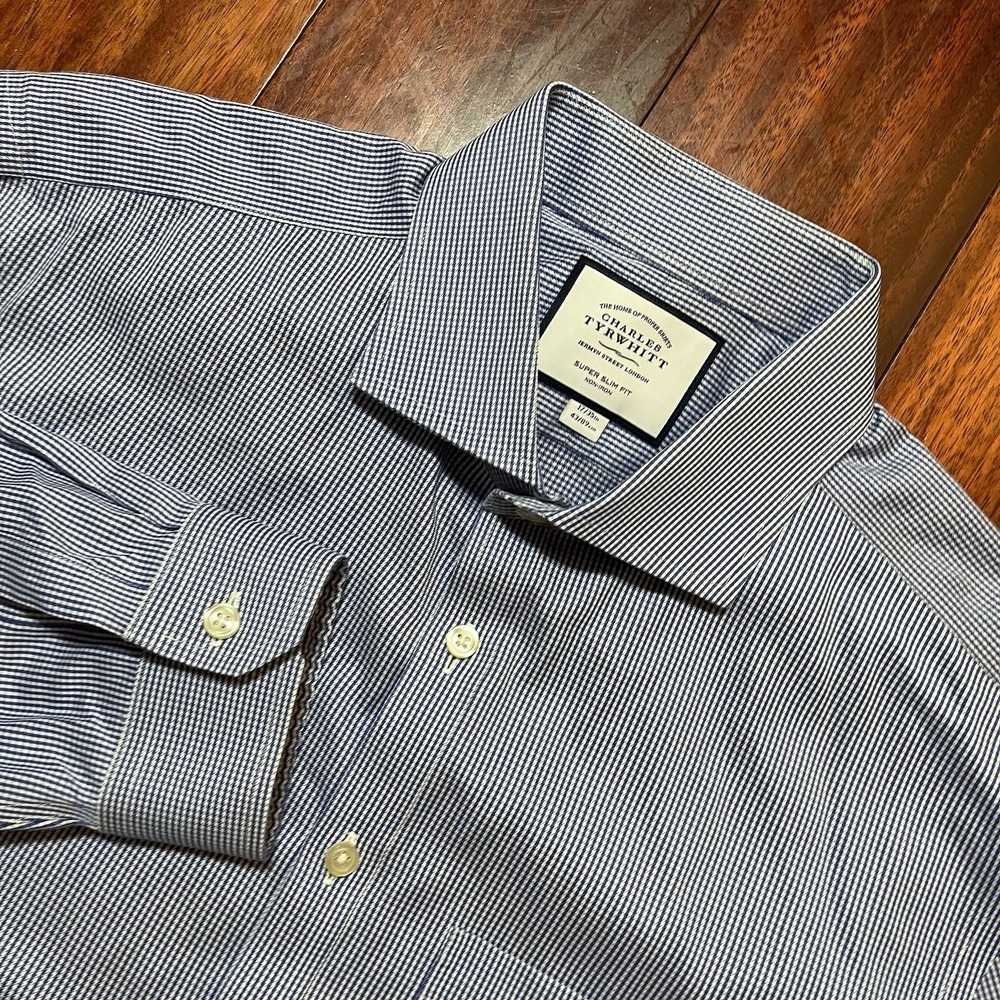 CHARLES TYRWHITT Shirt Mens 17/35 Blue White Striped Super Slim Fit Non Iron